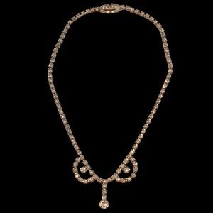 Vtg Rhinestone Necklace Crystal Round Half Moon Half Circle Point Drop 14.5”